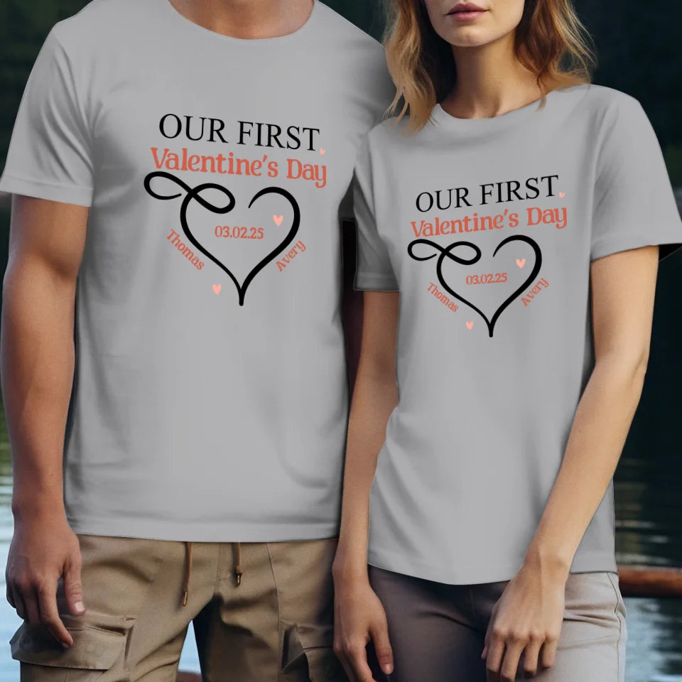 Our First Valentine's Day Heart Decor - Personalized Gifts For Couples - Unisex T-Shirt