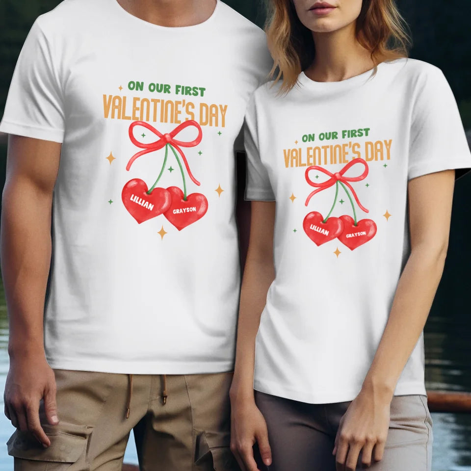 Our First Valentine's Day Double Heart - Personalized Gifts For Couples - Unisex T-Shirt