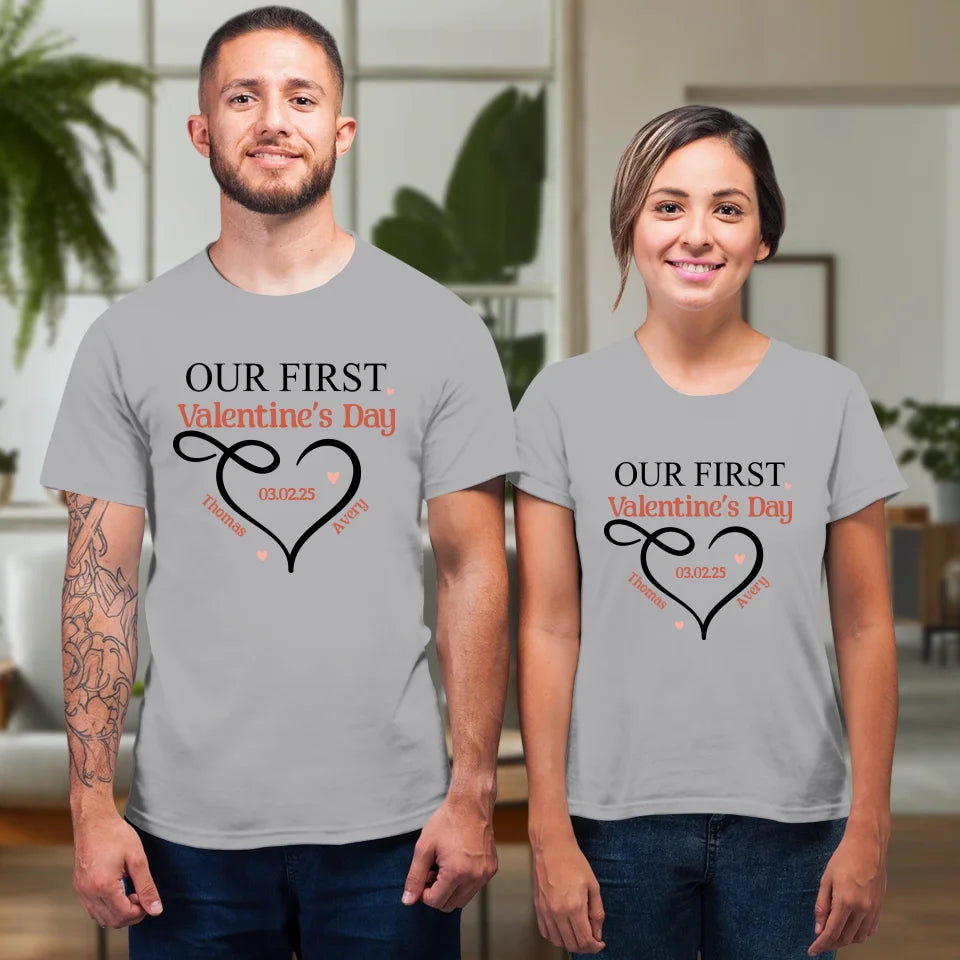 Our First Valentine's Day Heart Decor - Personalized Gifts For Couples - Unisex T-Shirt