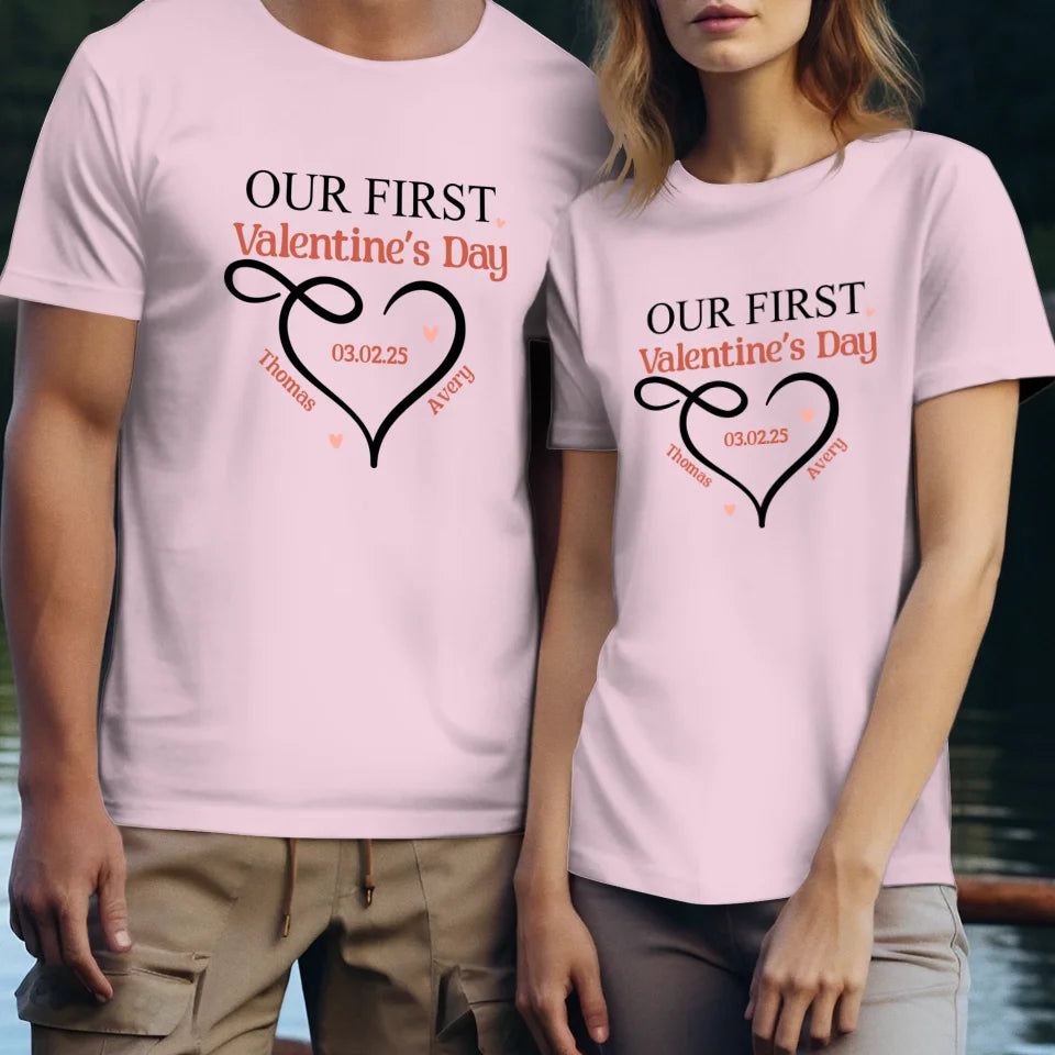 Our First Valentine's Day Heart Decor - Personalized Gifts For Couples - Unisex T-Shirt