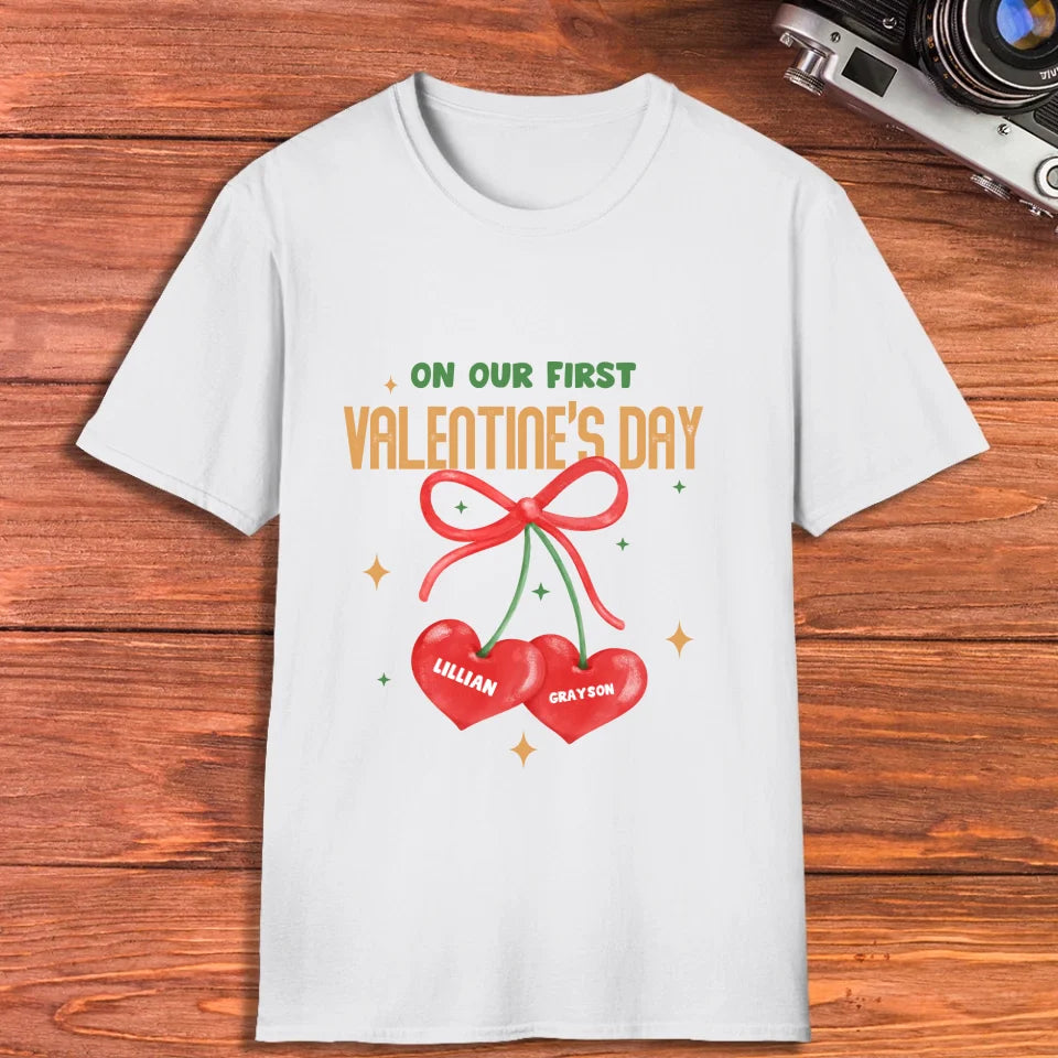 Our First Valentine's Day Double Heart - Personalized Gifts For Couples - Unisex T-Shirt