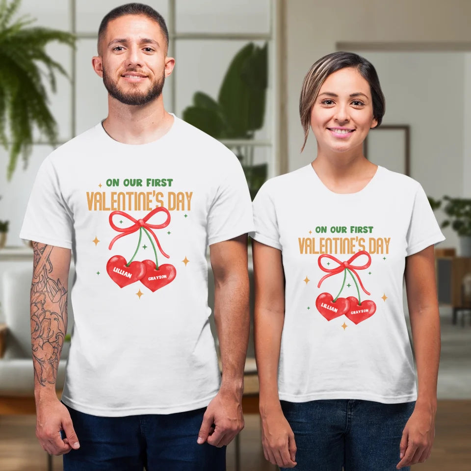 Our First Valentine's Day Double Heart - Personalized Gifts For Couples - Unisex T-Shirt