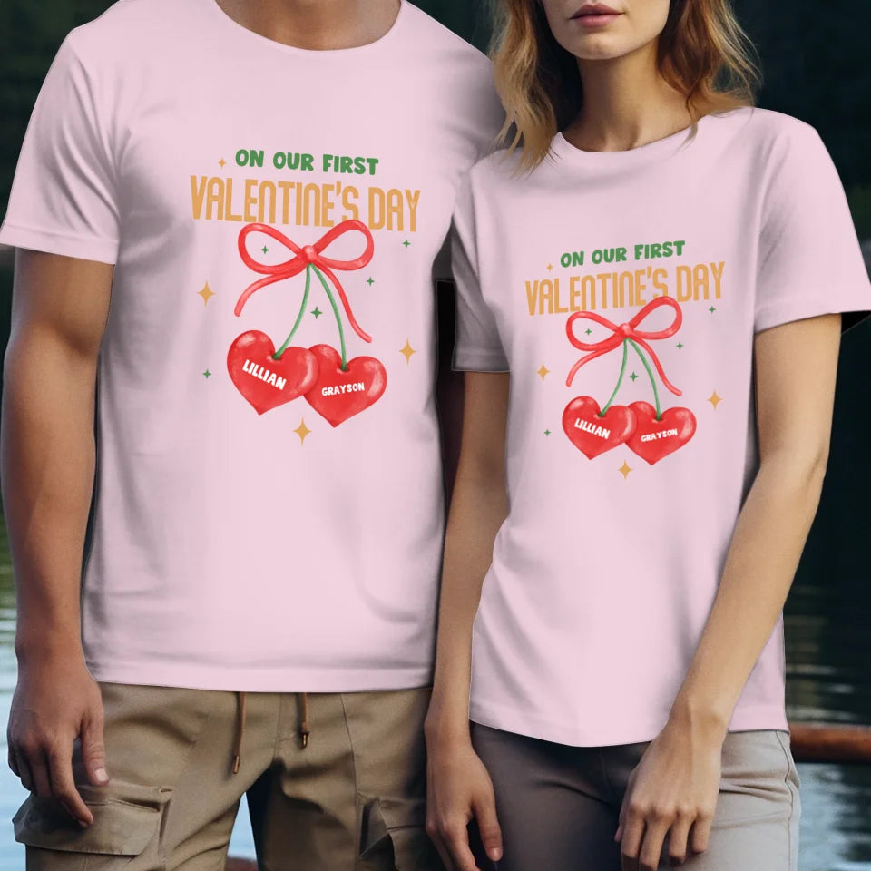 Our First Valentine's Day Double Heart - Personalized Gifts For Couples - Unisex T-Shirt