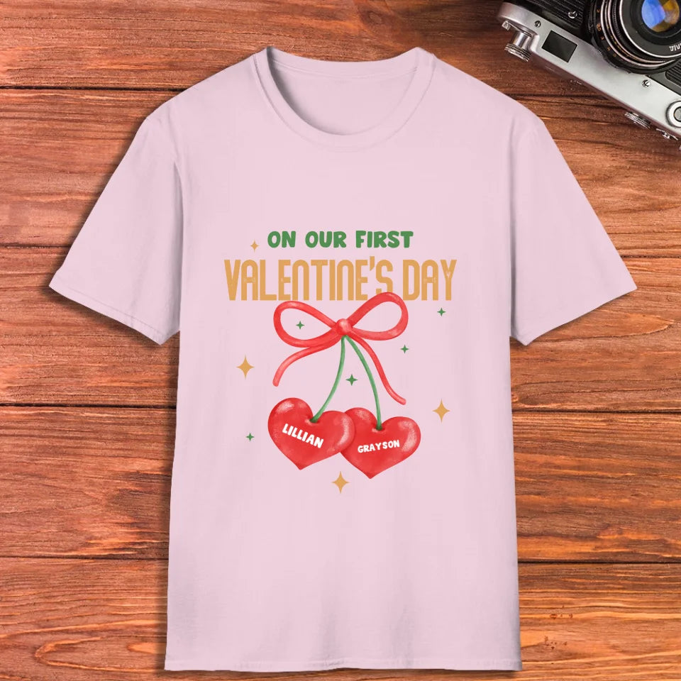 Our First Valentine's Day Double Heart - Personalized Gifts For Couples - Unisex T-Shirt