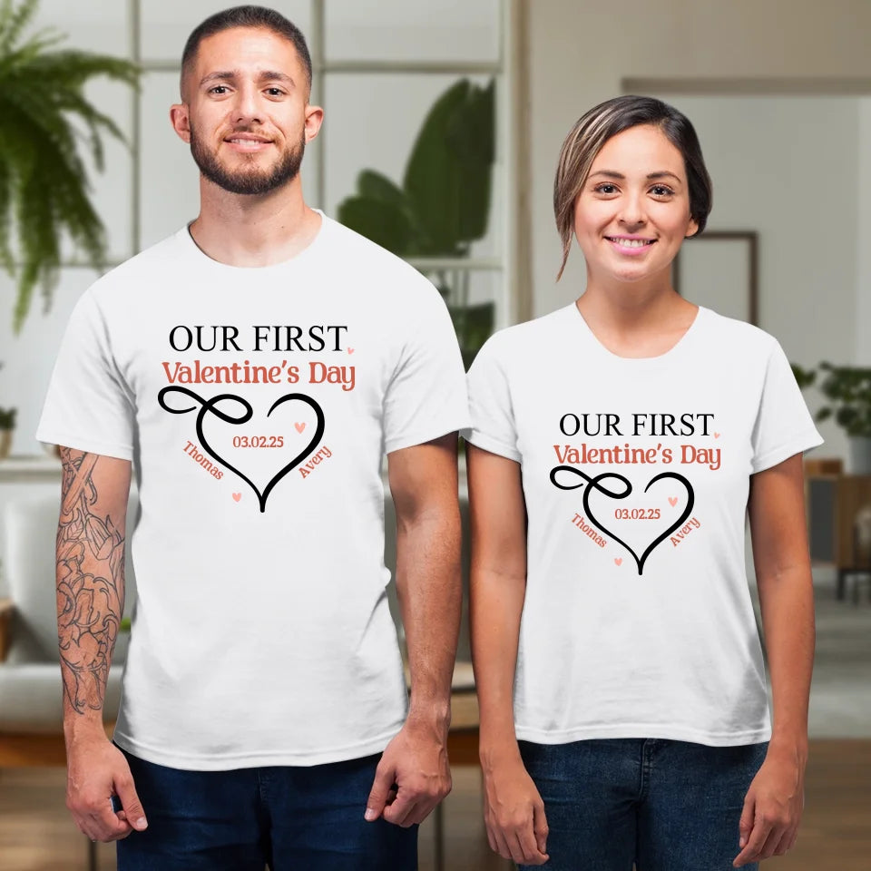 Our First Valentine's Day Heart Decor - Personalized Gifts For Couples - Unisex T-Shirt