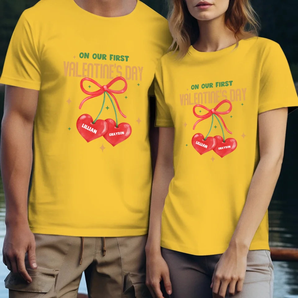 Our First Valentine's Day Double Heart - Personalized Gifts For Couples - Unisex T-Shirt