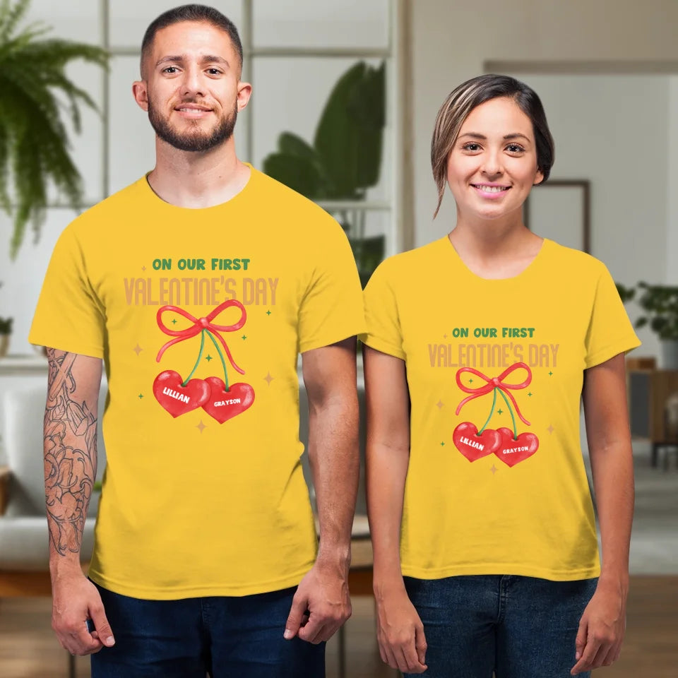 Our First Valentine's Day Double Heart - Personalized Gifts For Couples - Unisex T-Shirt