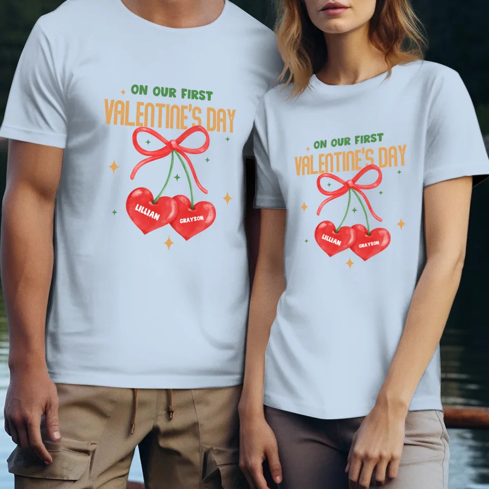 Our First Valentine's Day Double Heart - Personalized Gifts For Couples - Unisex T-Shirt