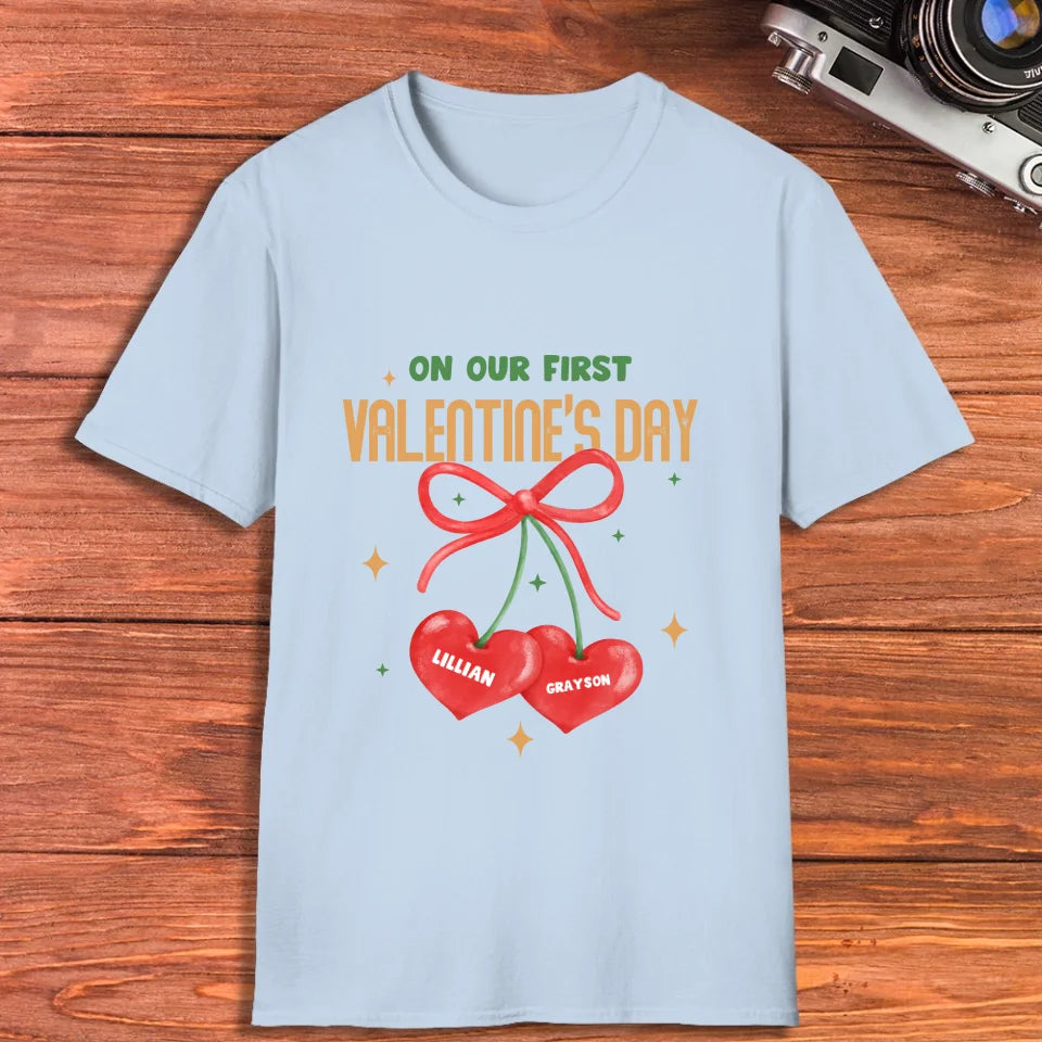 Our First Valentine's Day Double Heart - Personalized Gifts For Couples - Unisex T-Shirt