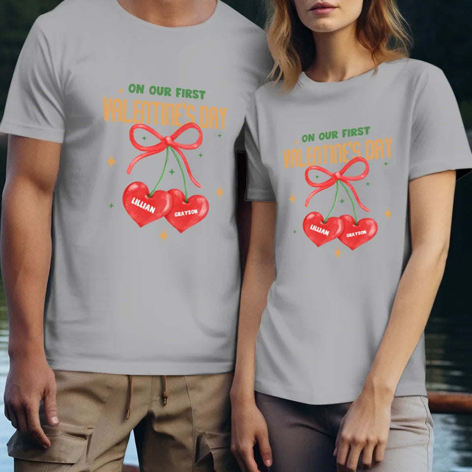 Our First Valentine's Day Double Heart - Personalized Gifts For Couples - Unisex T-Shirt