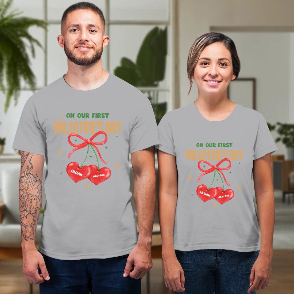 Our First Valentine's Day Double Heart - Personalized Gifts For Couples - Unisex T-Shirt