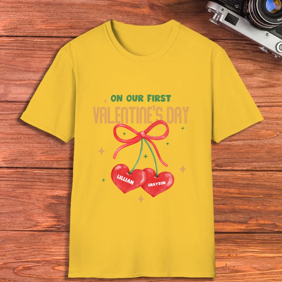 Our First Valentine's Day Double Heart - Personalized Gifts For Couples - Unisex T-Shirt