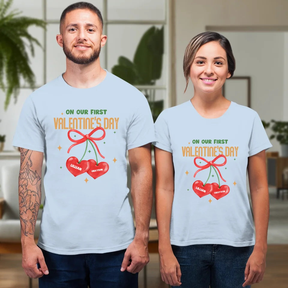 Our First Valentine's Day Double Heart - Personalized Gifts For Couples - Unisex T-Shirt