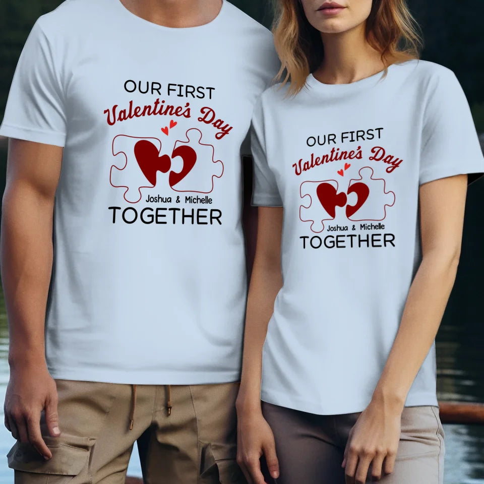 Our First Valentine's Day As Mr & Mrs, Heart Puzzle Line Art - Personalized Gifts For Couples - Unisex T-Shirt