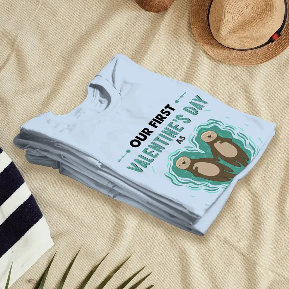 Our First Valentine's Day As Mr & Mrs, Couple Otter - Personalized Gifts For Couples - Unisex T-Shirt