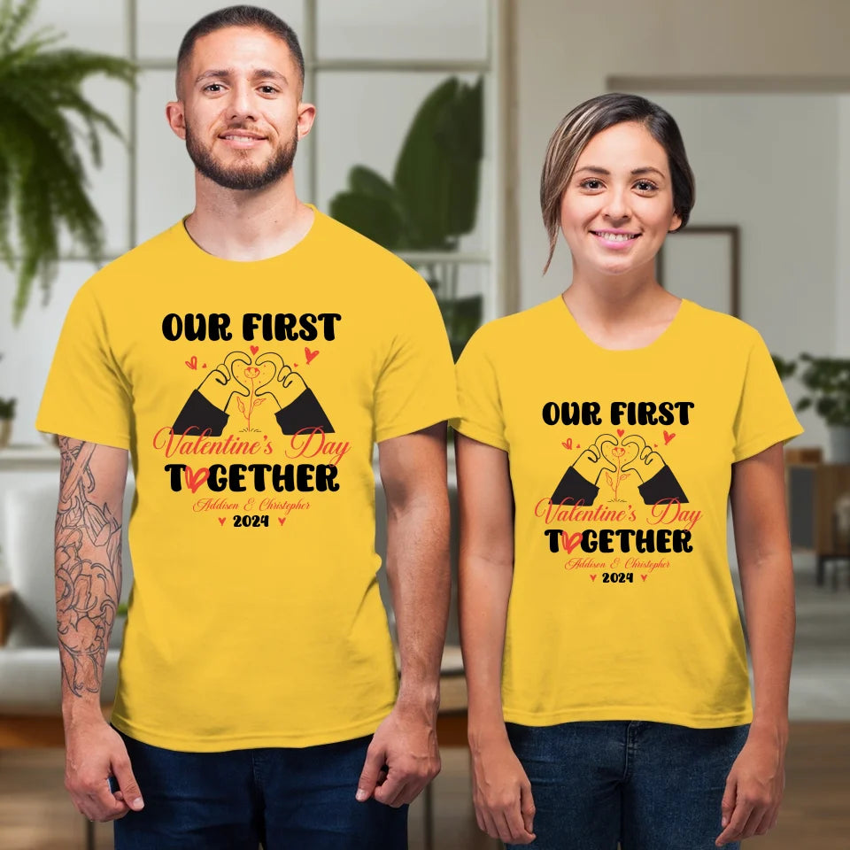 Our First Valentine's Day Together, Heart Hand - Personalized Gifts For Couples - Unisex T-Shirt