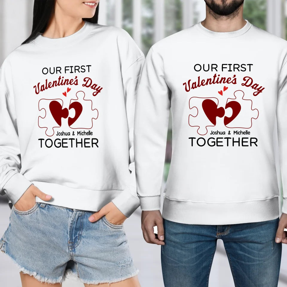 Our First Valentine's Day As Mr & Mrs, Heart Puzzle Line Art - Personalized Gifts For Couples - Unisex Sweater