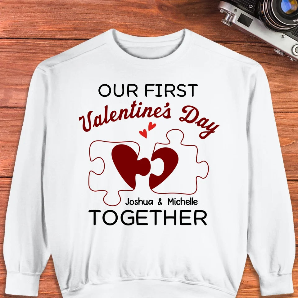 Our First Valentine's Day As Mr & Mrs, Heart Puzzle Line Art - Personalized Gifts For Couples - Unisex Sweater