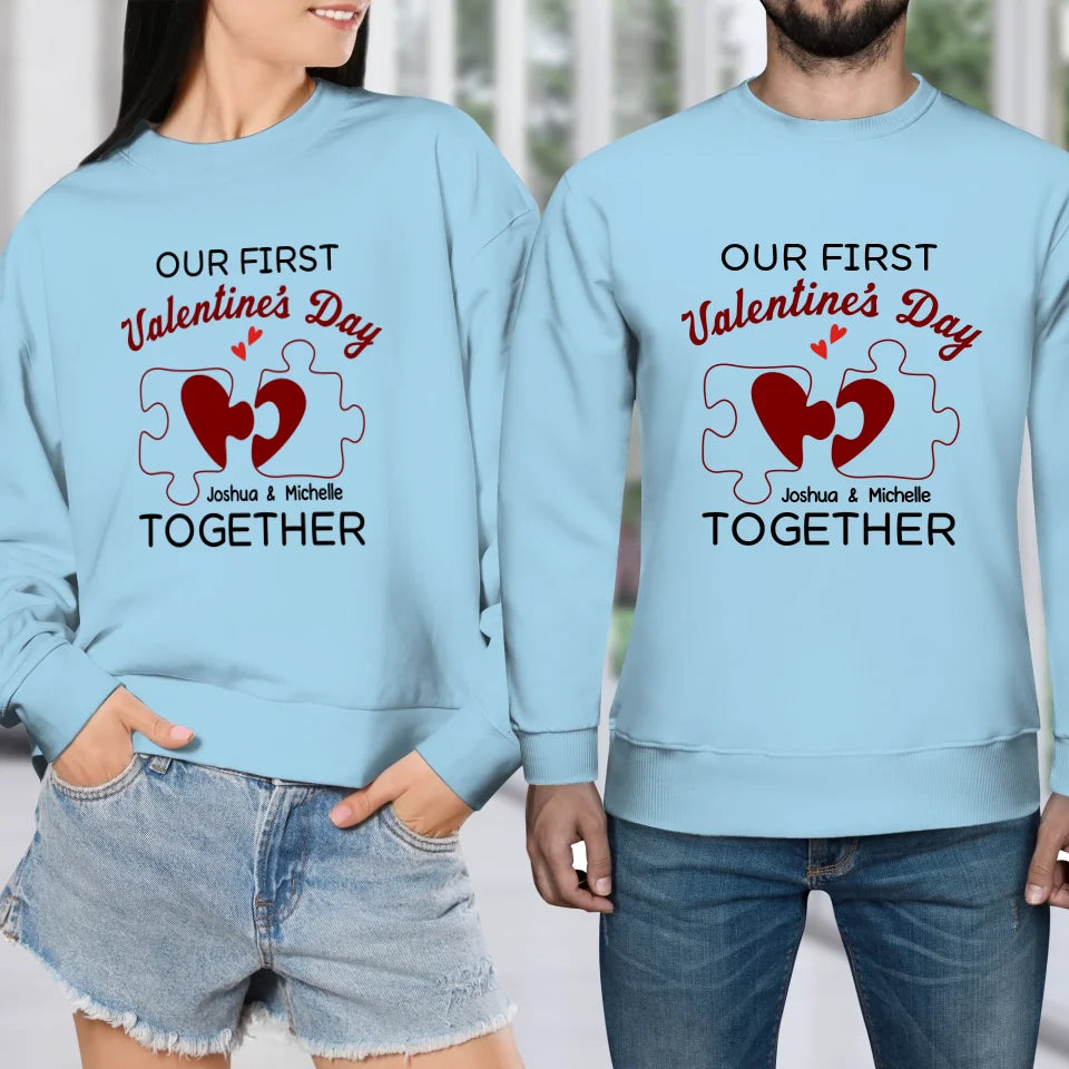 Our First Valentine's Day As Mr & Mrs, Heart Puzzle Line Art - Personalized Gifts For Couples - Unisex Sweater