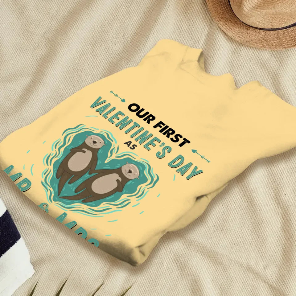 Our First Valentine's Day As Mr & Mrs, Couple Otter - Personalized Gifts For Couples - Unisex Sweater