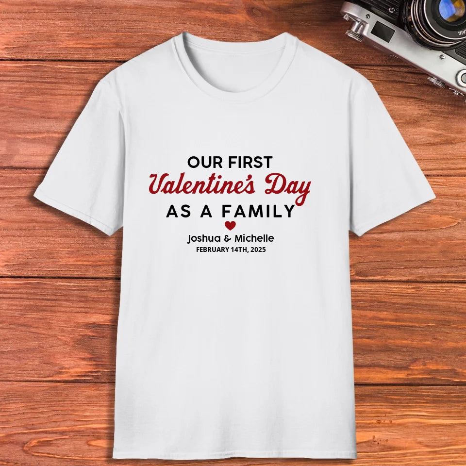 Our First Valentine's Day As Family, Vintage Style - Personalized Gifts For Couples - Unisex T-Shirt