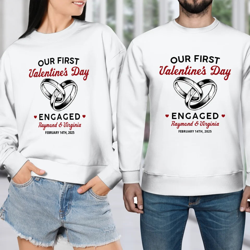 Our First Valentine's Day Engaged, Wedding Ring Sketch Style - Personalized Gifts For Couples - Unisex Sweater