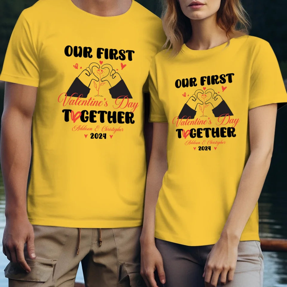 Our First Valentine's Day Together, Heart Hand - Personalized Gifts For Couples - Unisex T-Shirt