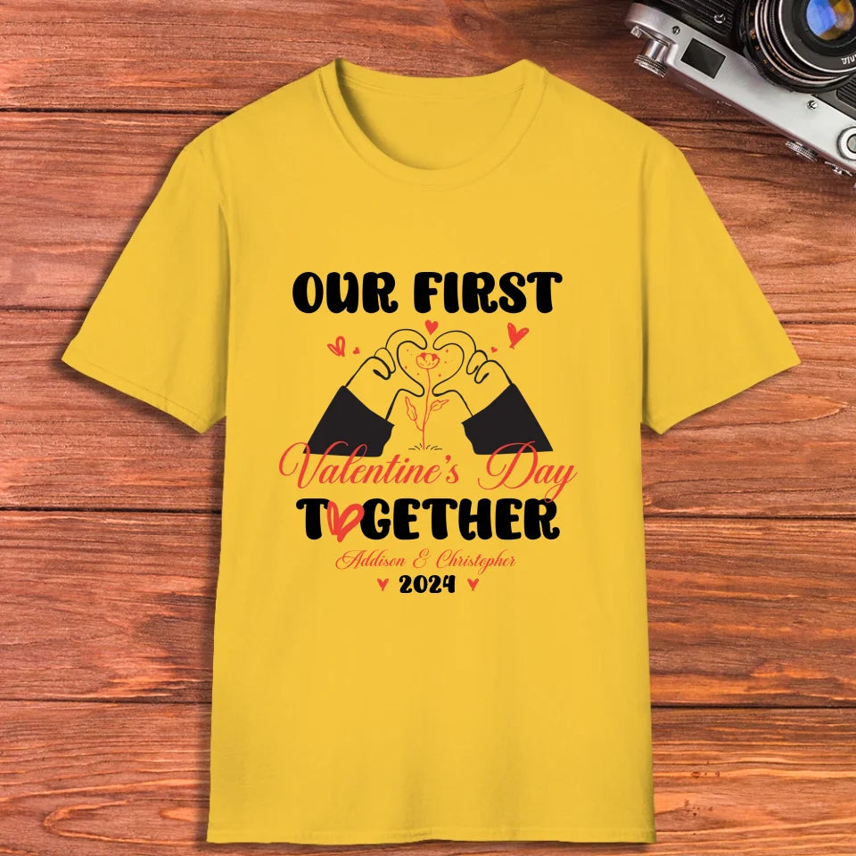 Our First Valentine's Day Together, Heart Hand - Personalized Gifts For Couples - Unisex T-Shirt