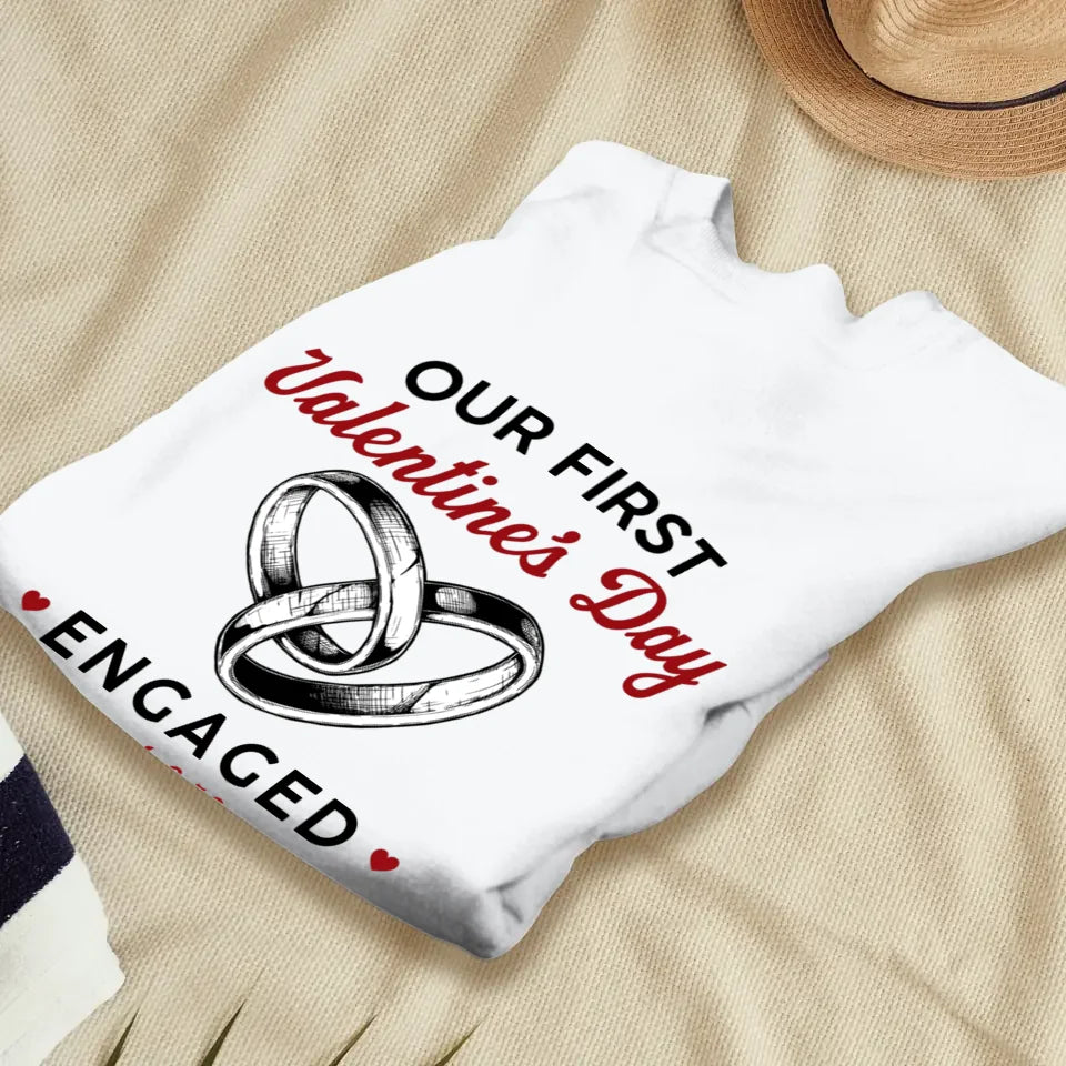 Our First Valentine's Day Engaged, Wedding Ring Sketch Style - Personalized Gifts For Couples - Unisex Sweater