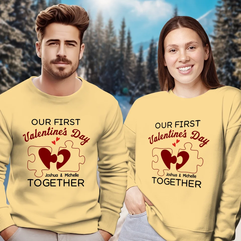 Our First Valentine's Day As Mr & Mrs, Heart Puzzle Line Art - Personalized Gifts For Couples - Unisex Sweater