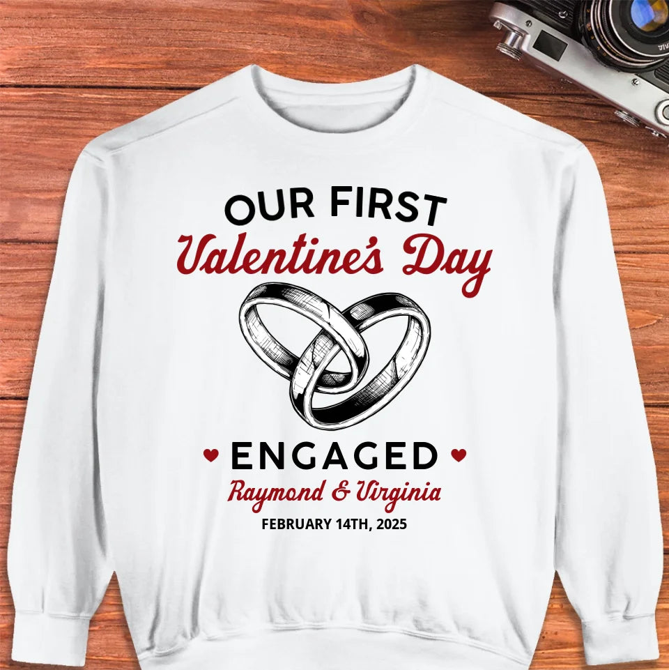 Our First Valentine's Day Engaged, Wedding Ring Sketch Style - Personalized Gifts For Couples - Unisex Sweater