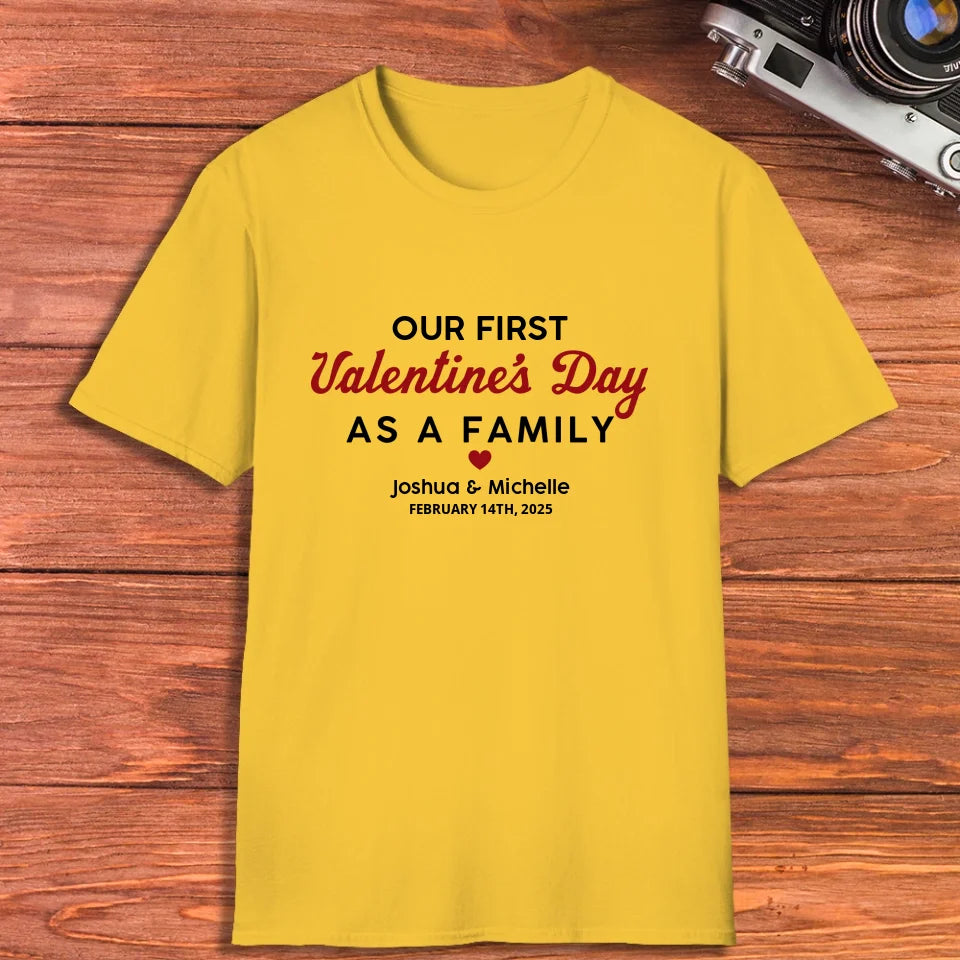 Our First Valentine's Day As Family, Vintage Style - Personalized Gifts For Couples - Unisex T-Shirt