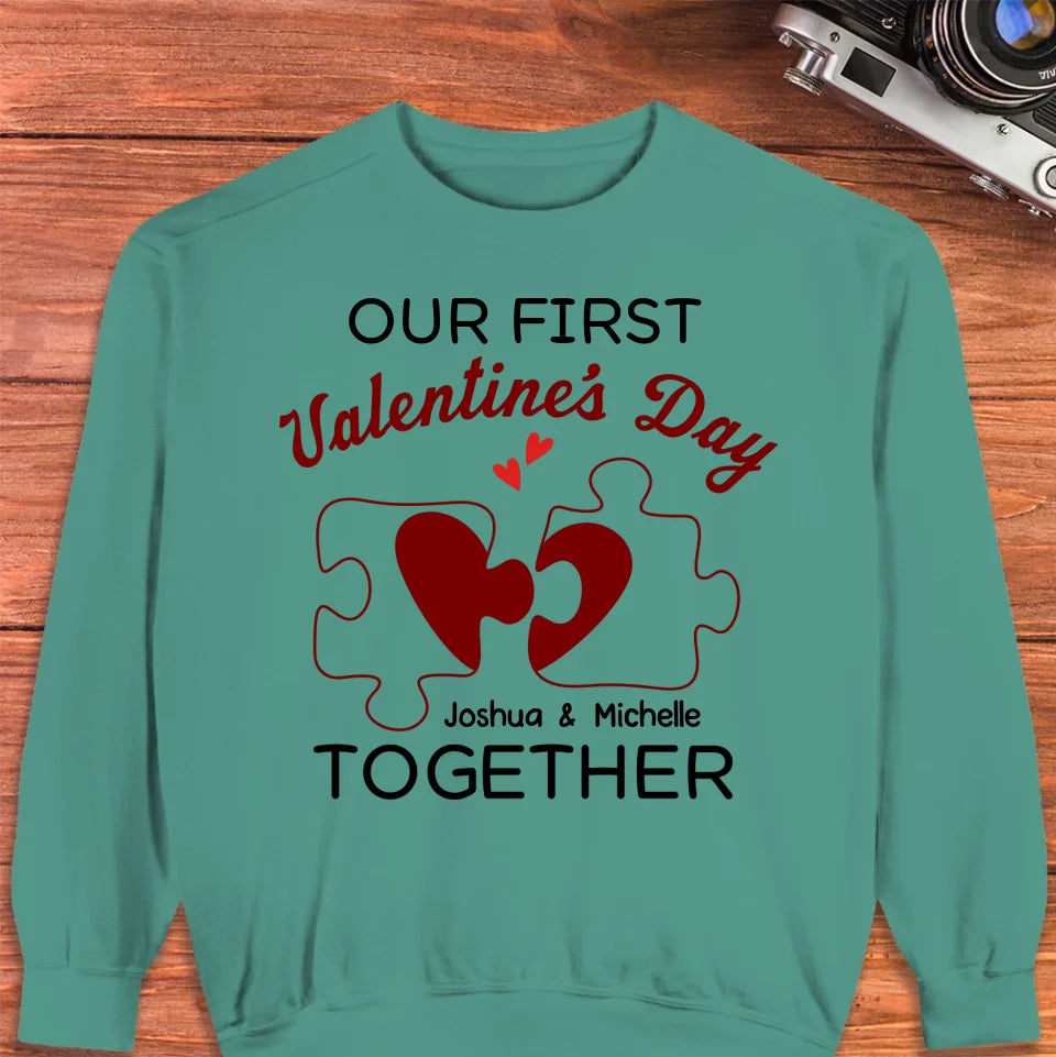 Our First Valentine's Day As Mr & Mrs, Heart Puzzle Line Art - Personalized Gifts For Couples - Unisex Sweater