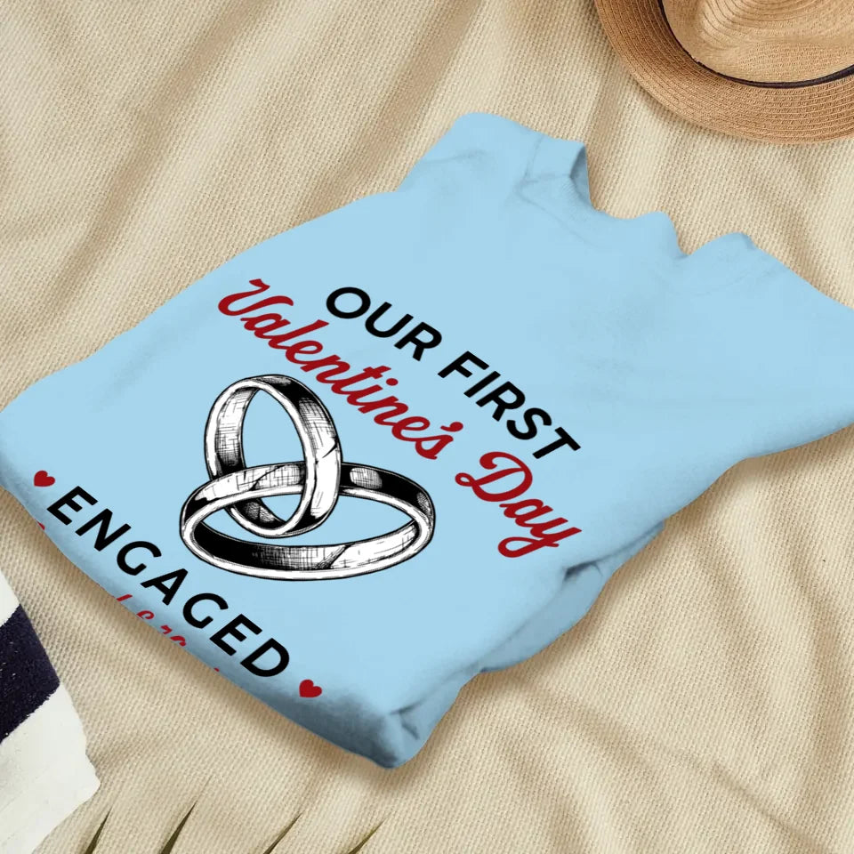 Our First Valentine's Day Engaged, Wedding Ring Sketch Style - Personalized Gifts For Couples - Unisex Sweater