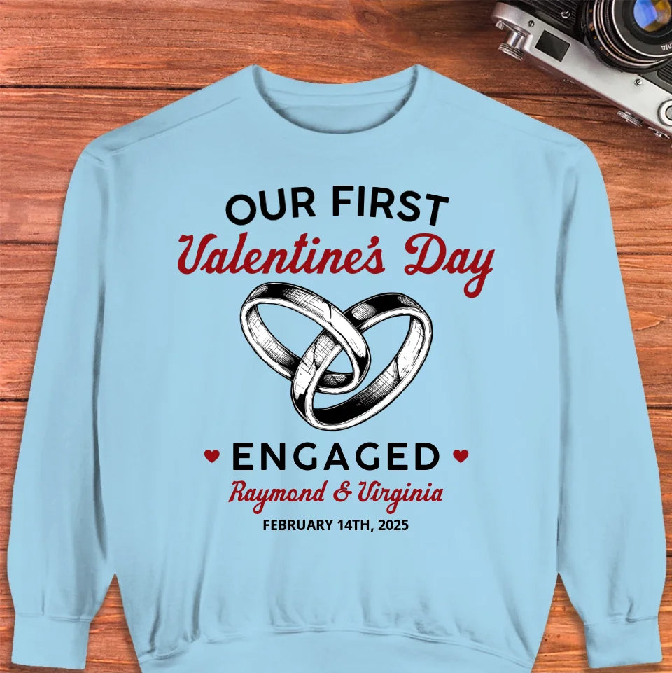 Our First Valentine's Day Engaged, Wedding Ring Sketch Style - Personalized Gifts For Couples - Unisex Sweater