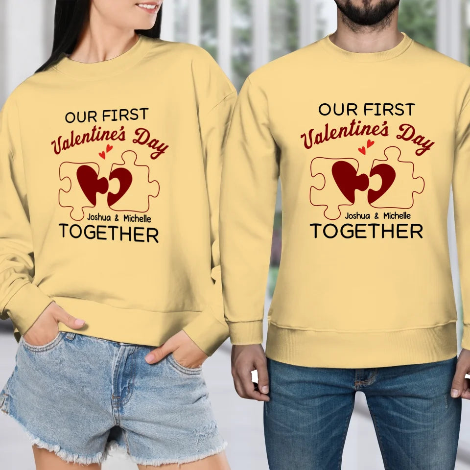 Our First Valentine's Day As Mr & Mrs, Heart Puzzle Line Art - Personalized Gifts For Couples - Unisex Sweater