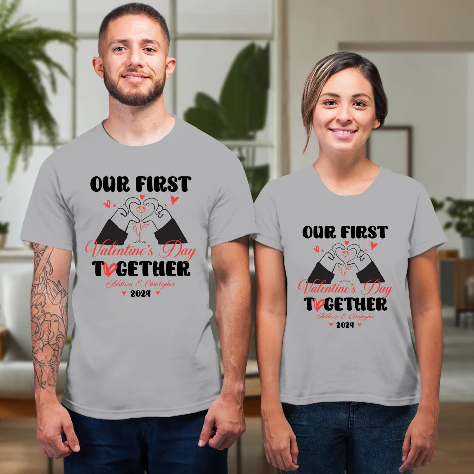 Our First Valentine's Day Together, Heart Hand - Personalized Gifts For Couples - Unisex T-Shirt