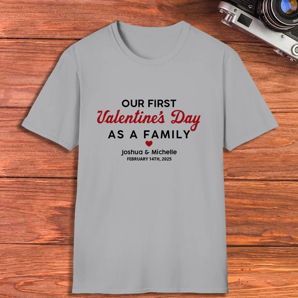 Our First Valentine's Day As Family, Vintage Style - Personalized Gifts For Couples - Unisex T-Shirt