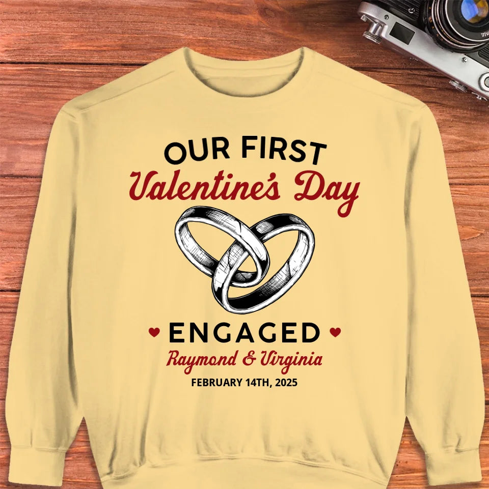 Our First Valentine's Day Engaged, Wedding Ring Sketch Style - Personalized Gifts For Couples - Unisex Sweater