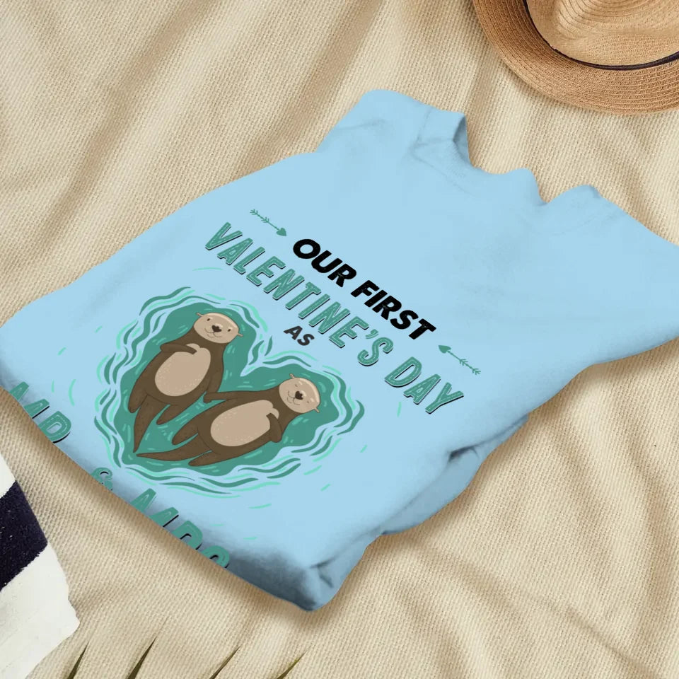 Our First Valentine's Day As Mr & Mrs, Couple Otter - Personalized Gifts For Couples - Unisex Sweater