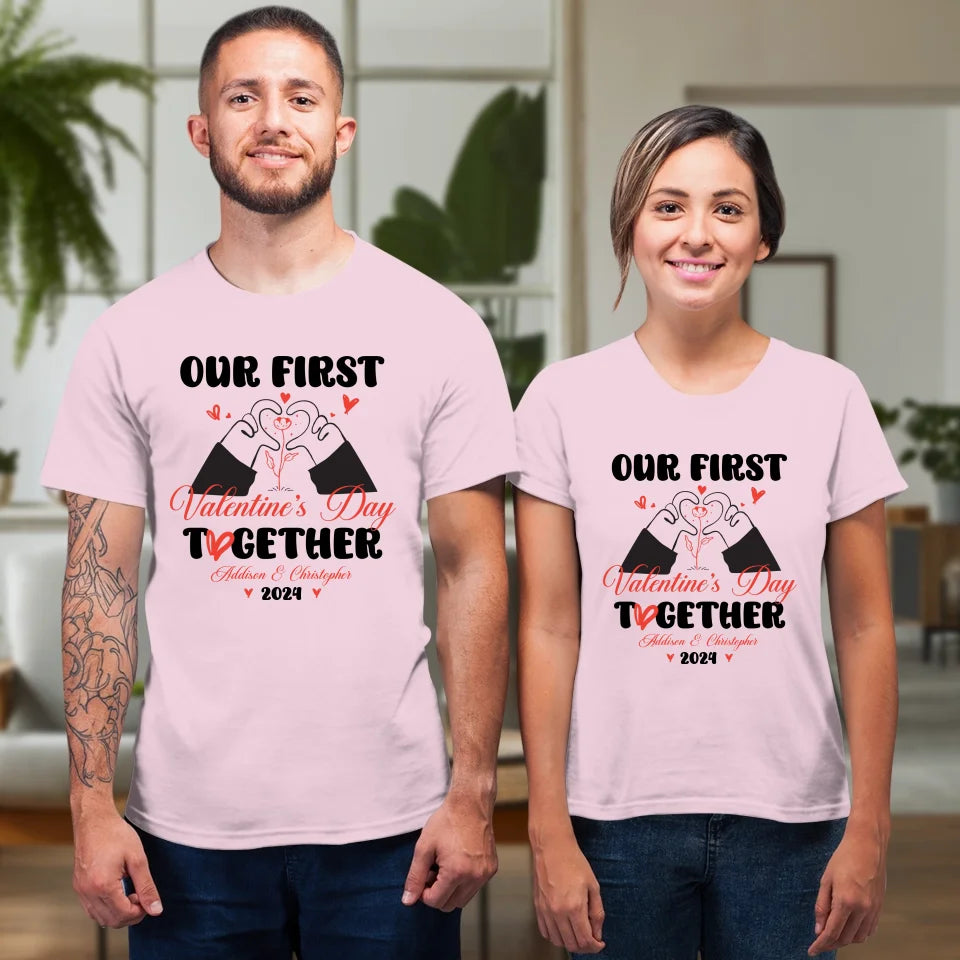 Our First Valentine's Day Together, Heart Hand - Personalized Gifts For Couples - Unisex T-Shirt