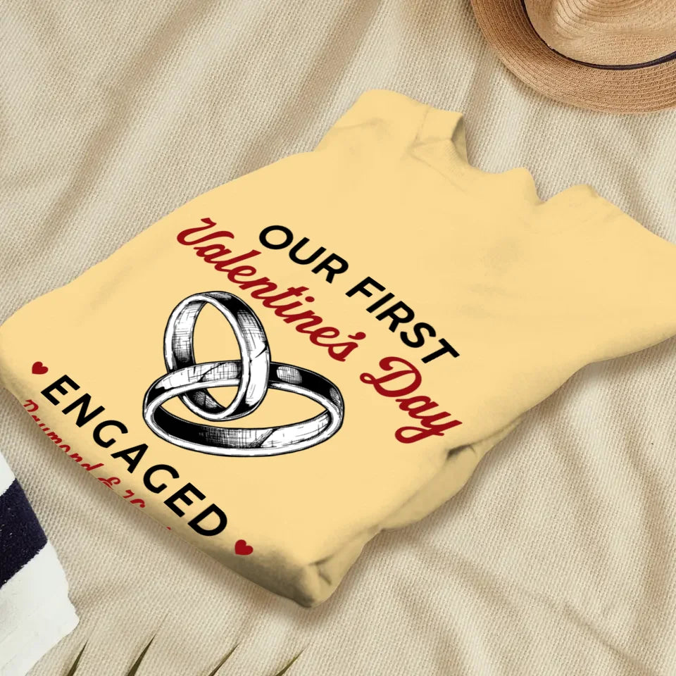 Our First Valentine's Day Engaged, Wedding Ring Sketch Style - Personalized Gifts For Couples - Unisex Sweater