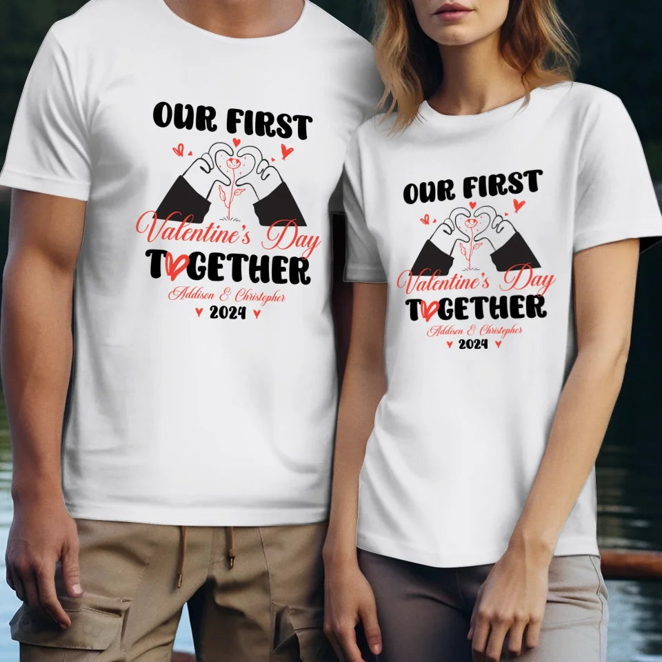 Our First Valentine's Day Together, Heart Hand - Personalized Gifts For Couples - Unisex T-Shirt