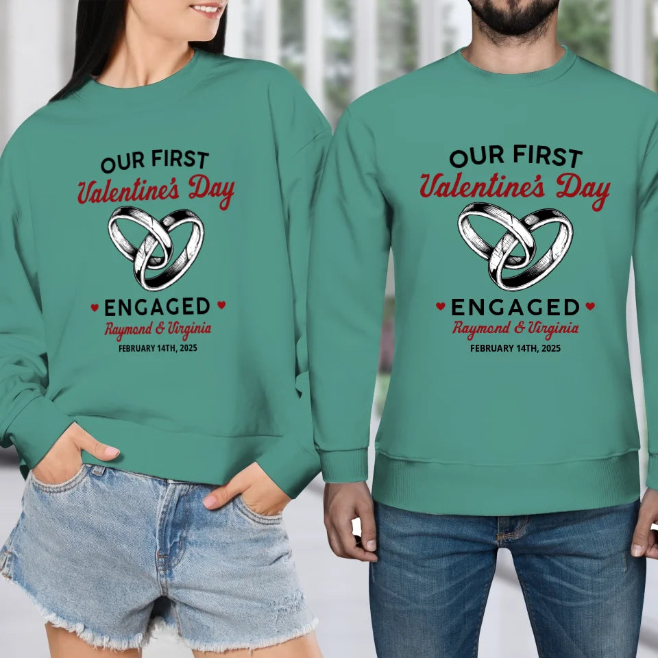 Our First Valentine's Day Engaged, Wedding Ring Sketch Style - Personalized Gifts For Couples - Unisex Sweater