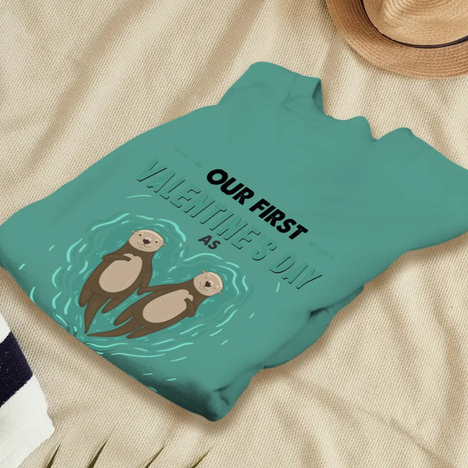 Our First Valentine's Day As Mr & Mrs, Couple Otter - Personalized Gifts For Couples - Unisex Sweater