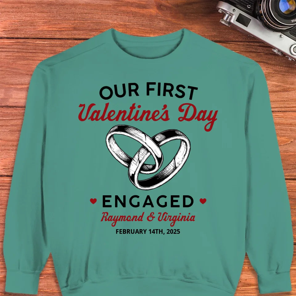 Our First Valentine's Day Engaged, Wedding Ring Sketch Style - Personalized Gifts For Couples - Unisex Sweater