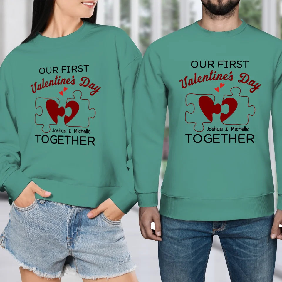 Our First Valentine's Day As Mr & Mrs, Heart Puzzle Line Art - Personalized Gifts For Couples - Unisex Sweater