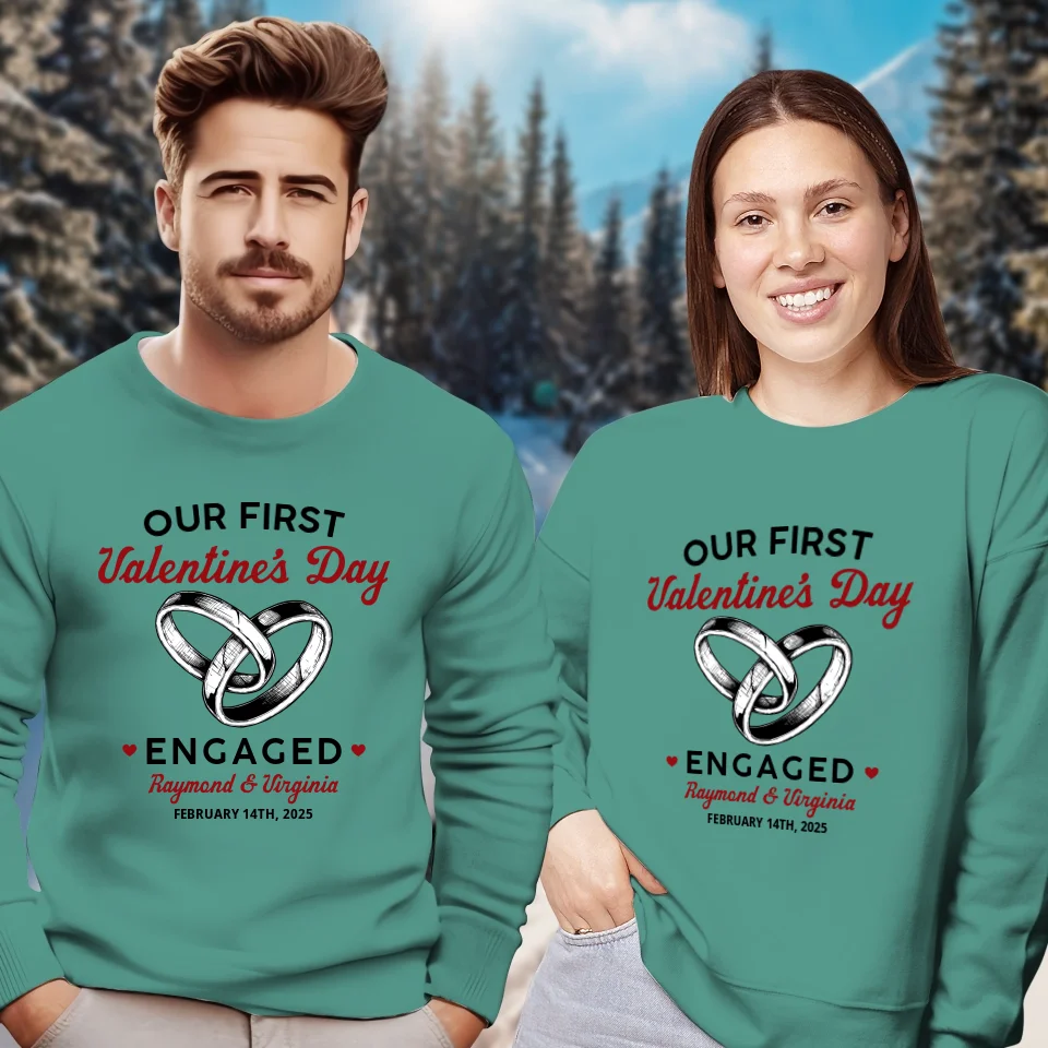 Our First Valentine's Day Engaged, Wedding Ring Sketch Style - Personalized Gifts For Couples - Unisex Sweater