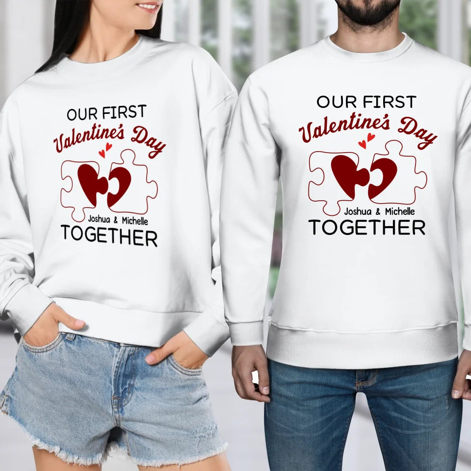 Our First Valentine's Day As Mr & Mrs, Heart Puzzle Line Art - Personalized Gifts For Couples - Unisex Sweater