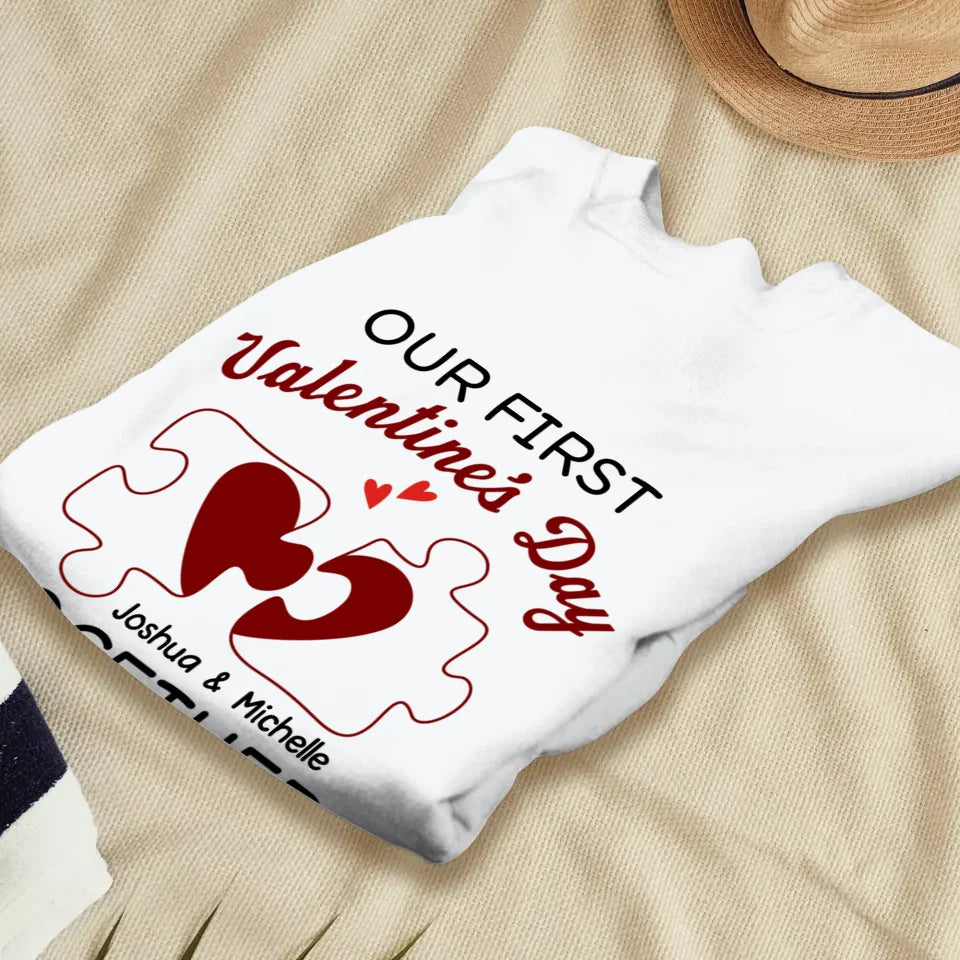 Our First Valentine's Day As Mr & Mrs, Heart Puzzle Line Art - Personalized Gifts For Couples - Unisex Sweater